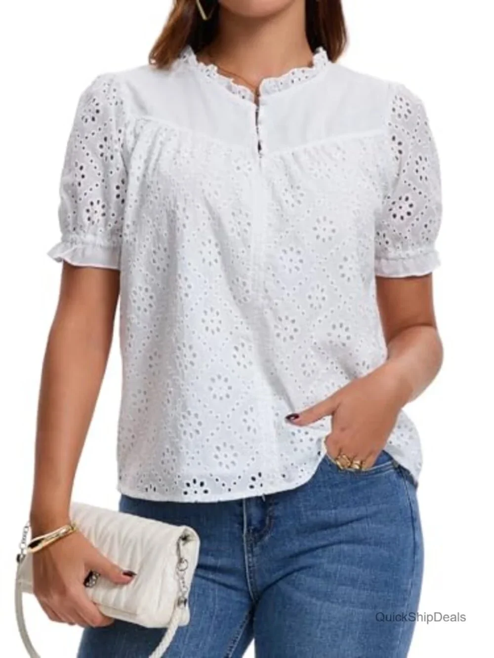 Eyelet Lace Embroidered Short Puff Sleeve Blouse Dressy Casual Summer Top